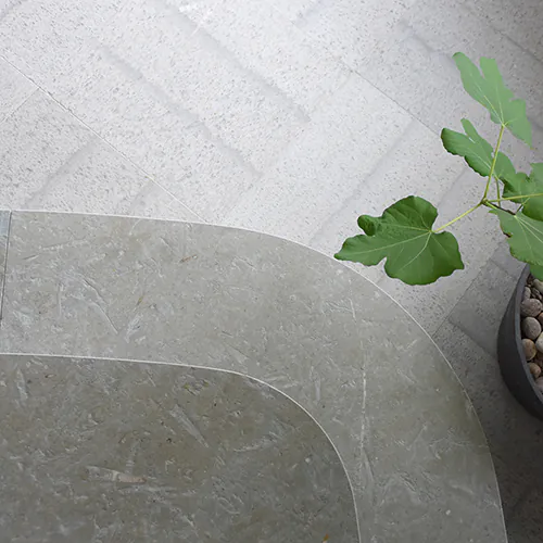 Floor and stairs in Light Gray Borghamn Limestone